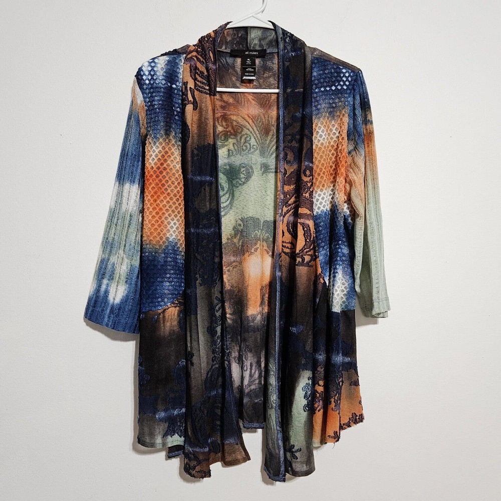 Ali Miles Women Size PL Petite‎ L Kimono Textured Burnout Open Front Watercolor